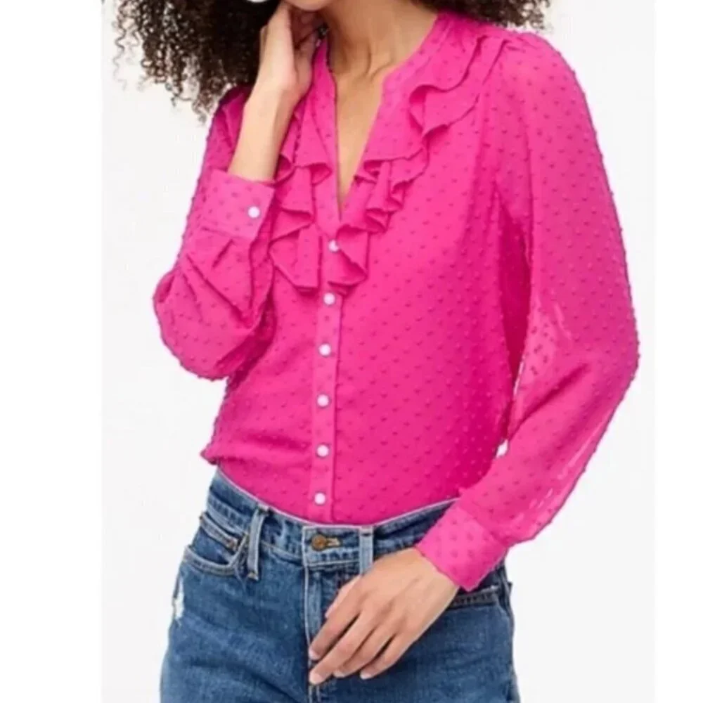 J. Crew Pink Textured Chiffon Ruffle Button Up Blouse
